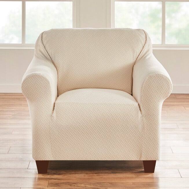BH STUDIO BASKETWEAVE STRETCH Chair SLIPCOVER, IVORY, hi-res image number 0