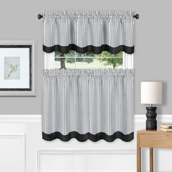 Westport Window Curtain Tier Pair and Valance Set, BLACK WHITE, hi-res image number null