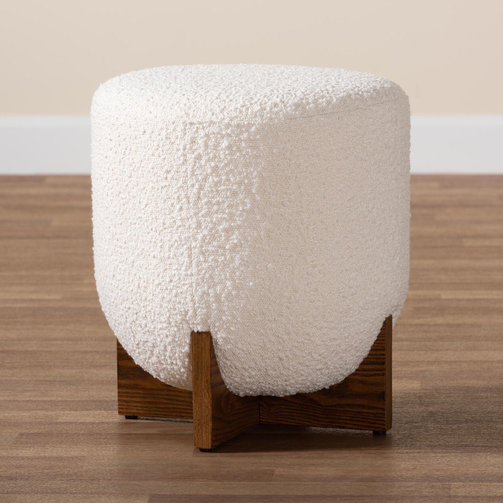 Fisk Japandi Cream Boucle Fabric And Walnut Brown Finished Wood Ottoman Footstool, , alternate image number 5