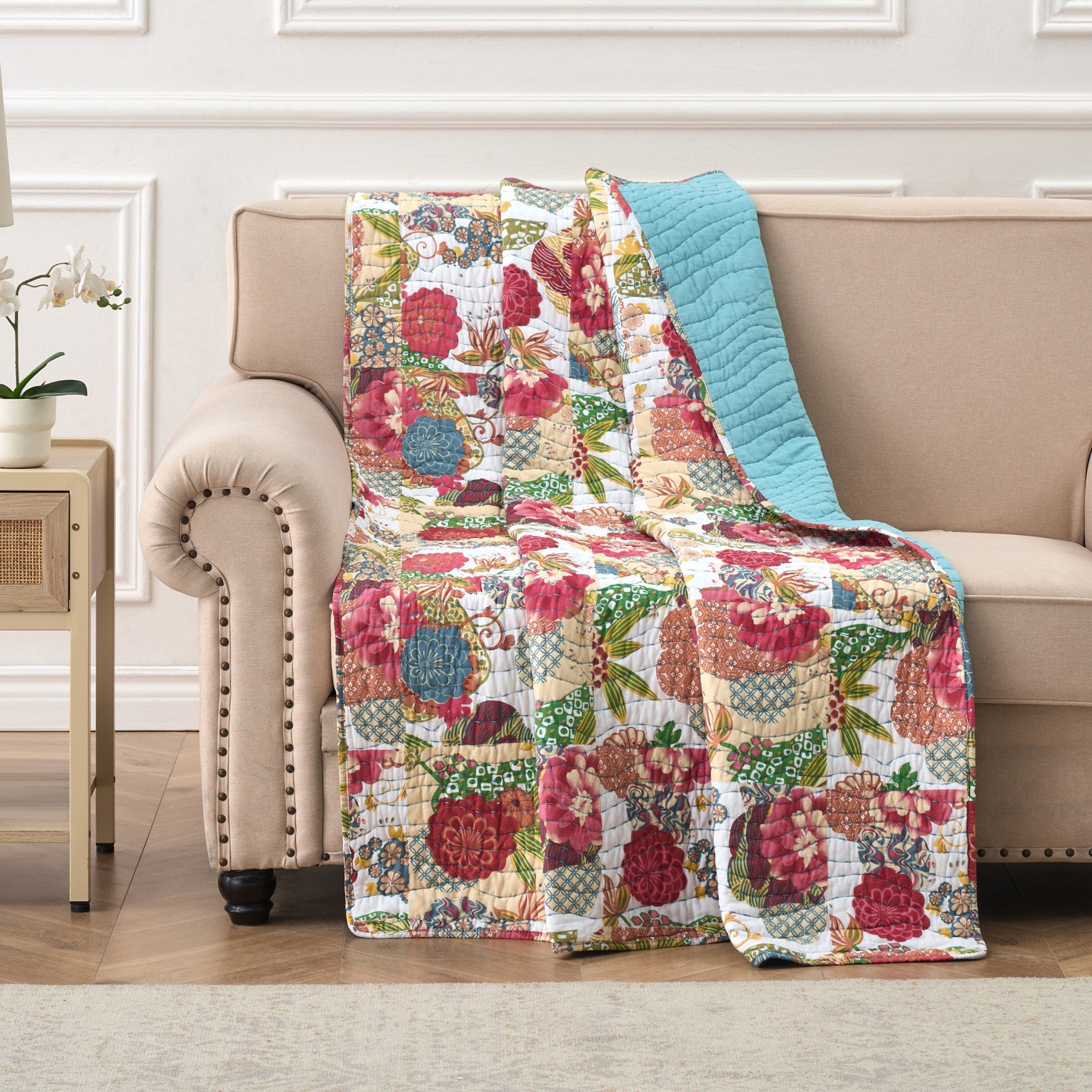 Jewel Floral Kantha Style Quilted Throw Blanket, White, WHITE, alternate image number 1