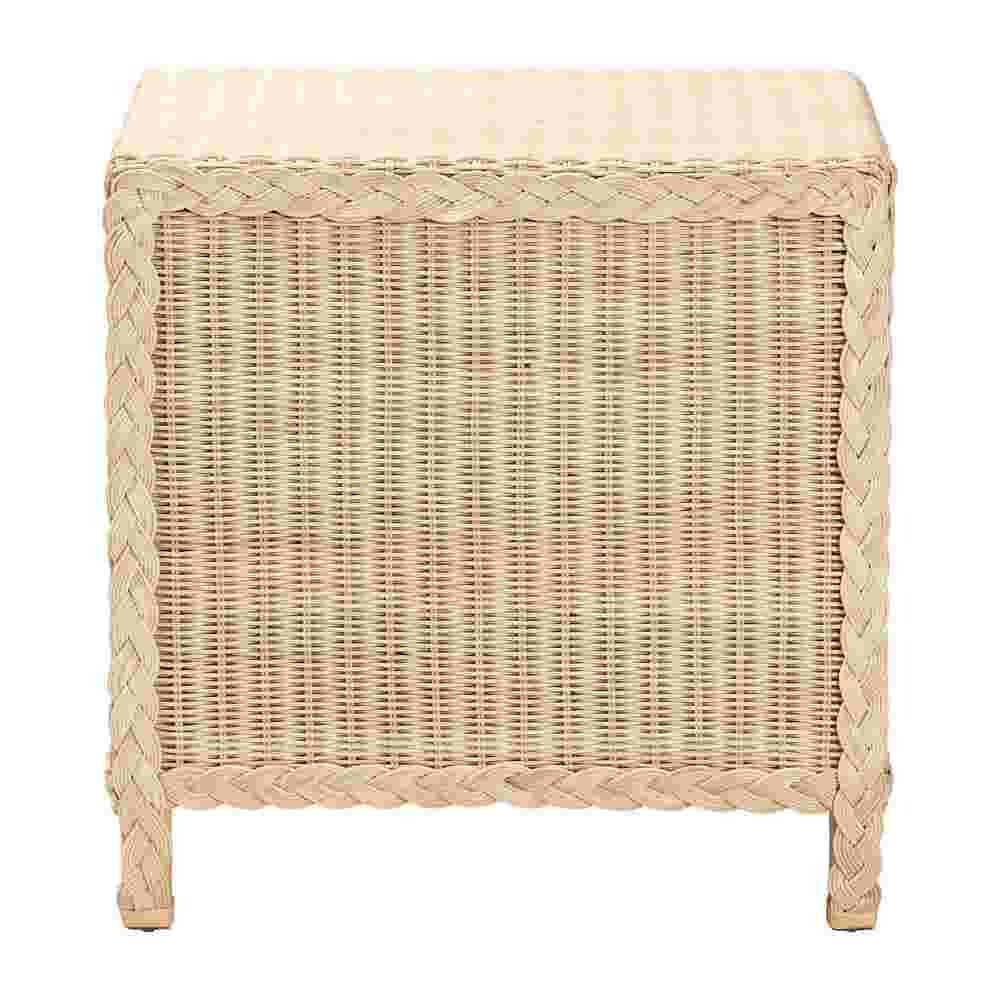 Sun-bleached rattan nightstand back view with woven paneling
