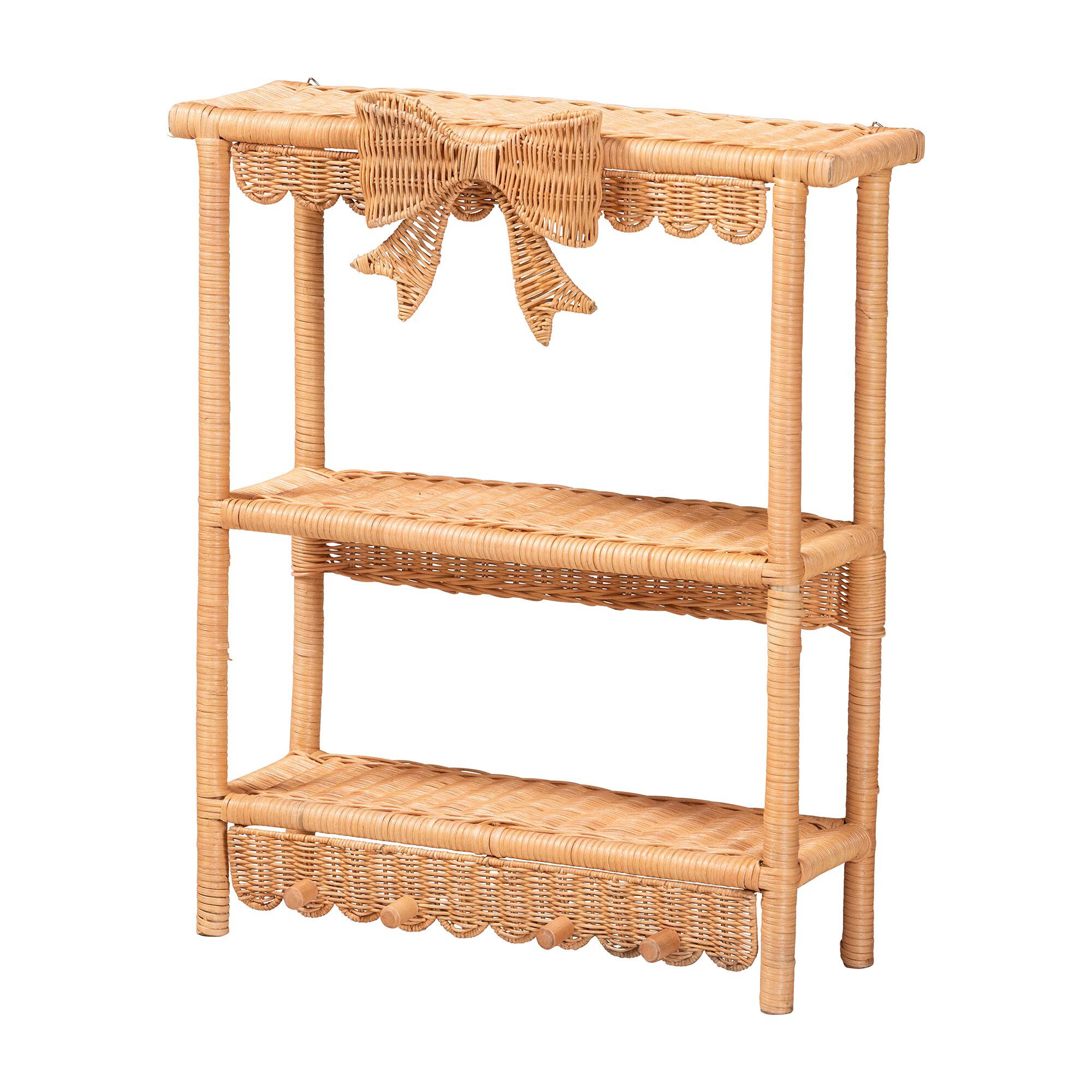 Creusa Natural Rattan 2-Tier Wall Shelf with Bow Detail, HONEY, alternate image number 1