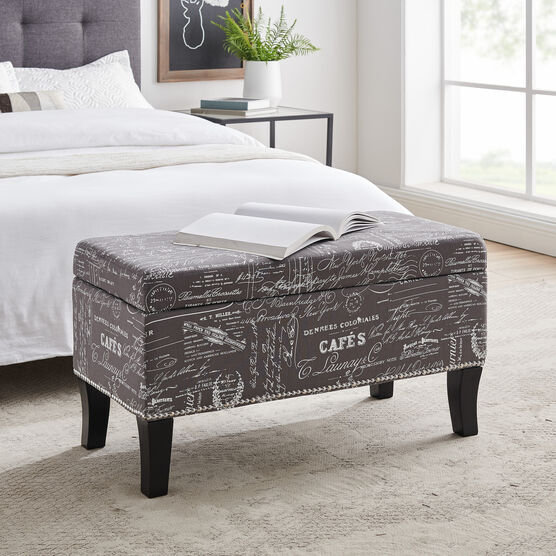 Stephanie Ottoman Grey Linen With Script, GREY, hi-res image number null