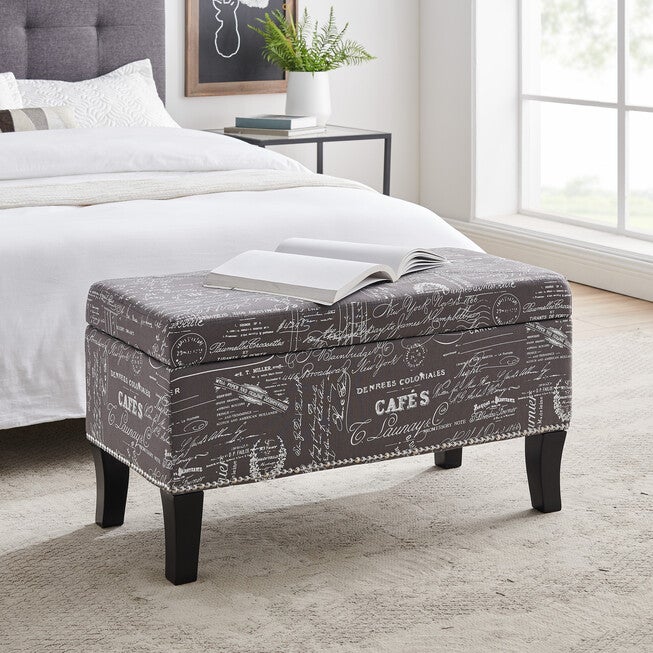 Stephanie Ottoman Grey Linen With Script, GREY, hi-res image number 0