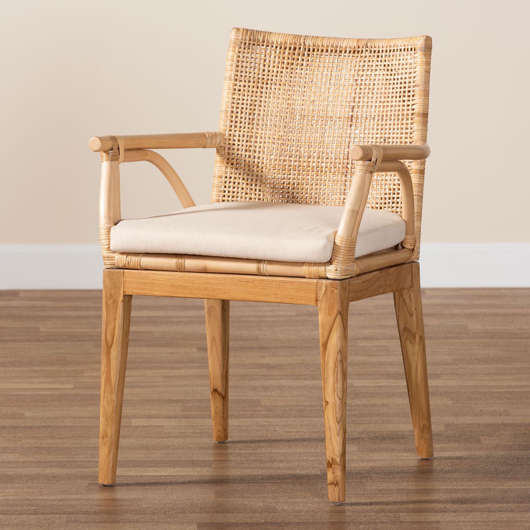 Storsel Modern Bohemian Natural Brown Finished Teak Wood and Rattan Dining Chair, , alternate image number 13