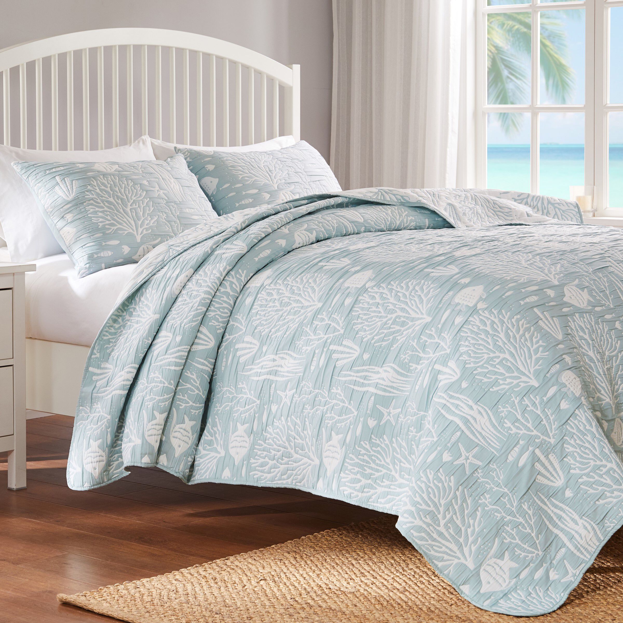 Greenland Home Fashions Marina Reversible Matelass&eacute; Coverlet Set, 3-Piece Full/Queen, Seafoam, SEAFOAM, hi-res image number 0