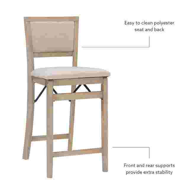 Grey wash folding bar stool with text highlighting its features