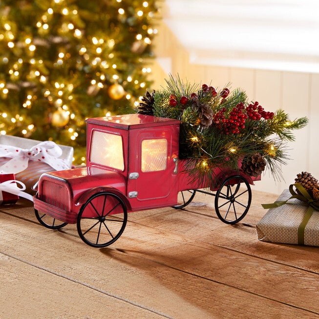 17 inchesL Pre-Lit Red Truck with Greenery, RED GREEN, hi-res image number 0