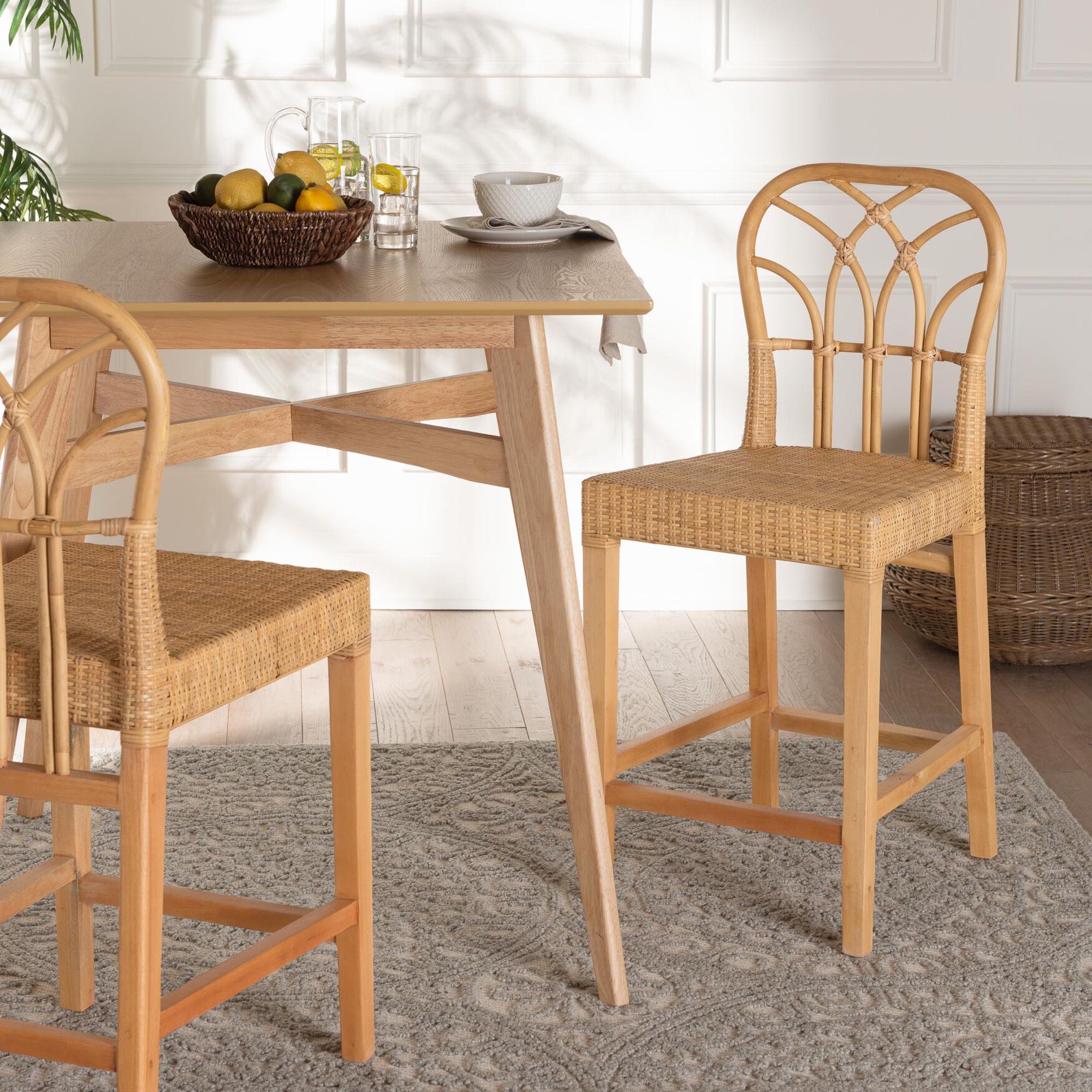 Monaco Modern Bohemian Natural Rattan And Mahogany Wood Counter Stool, , alternate image number 7