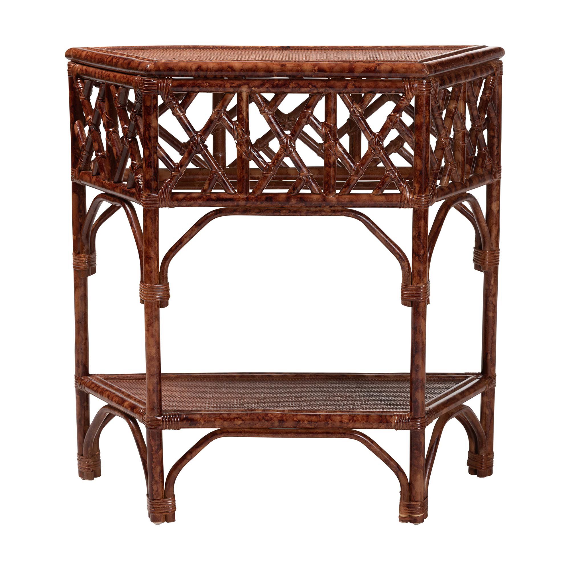 Rattan console table with lattice design and lower shelf, shown against a white background.