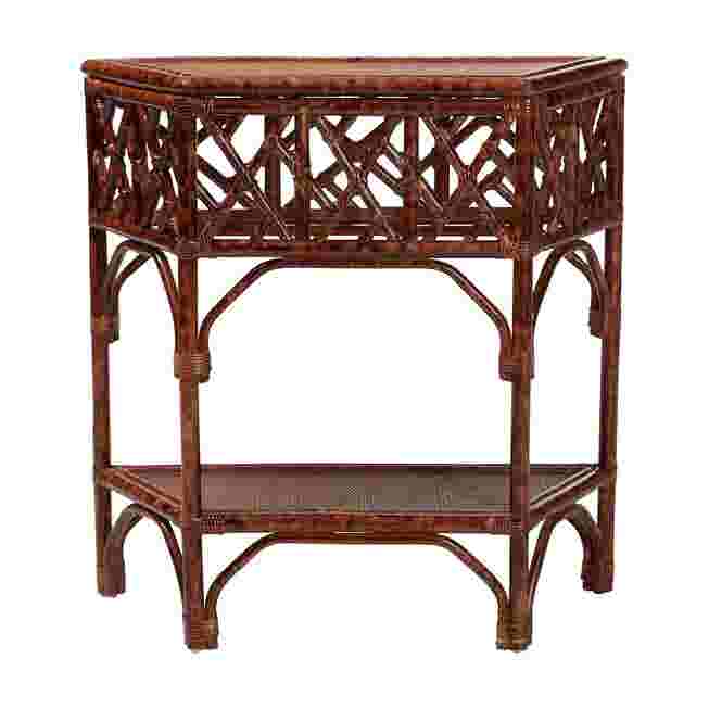 Rattan console table with lattice design and lower shelf, shown against a white background.