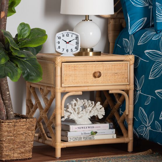 Camara Modern Bohemian Natural Brown Rattan 1-Drawer Nightstand, , alternate image number null