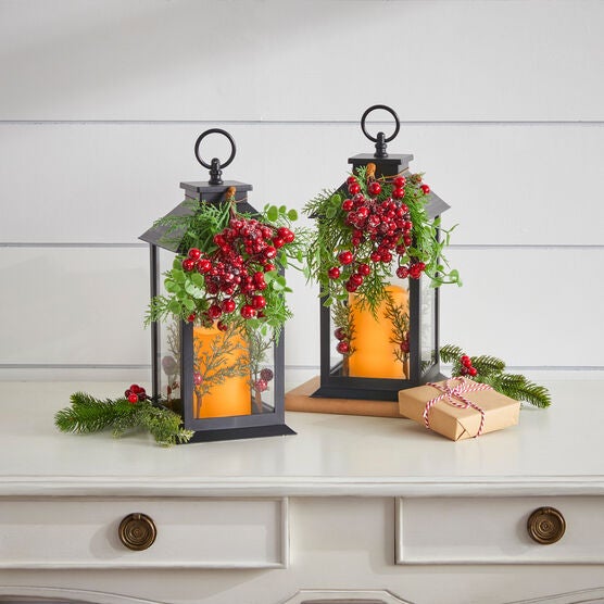 11&quot;H Meri Lantern with LED Candle, BLACK