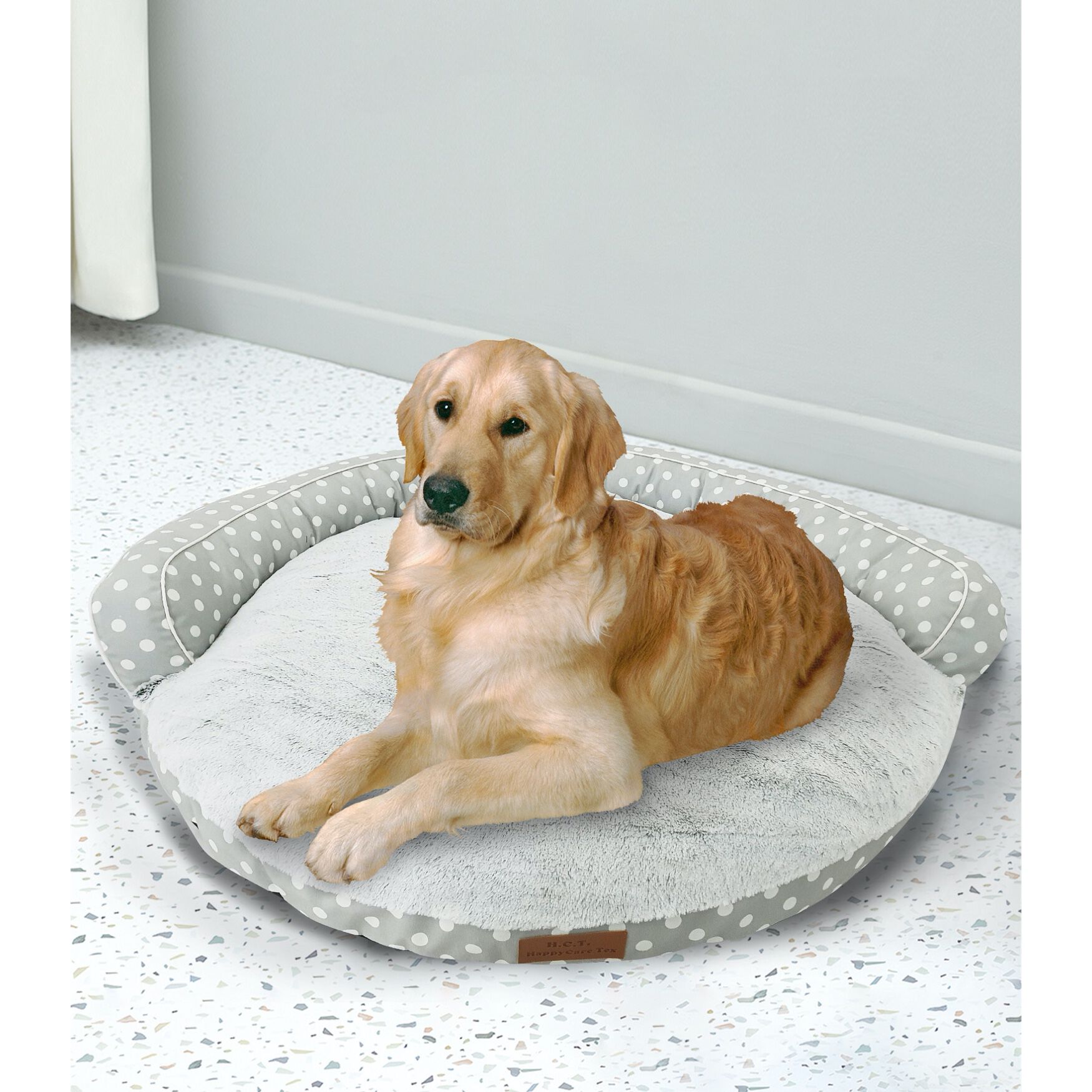 Dots Printing poly-cotton bolster with detachable faux fur cushion Medium Size, GREY, hi-res image number 0