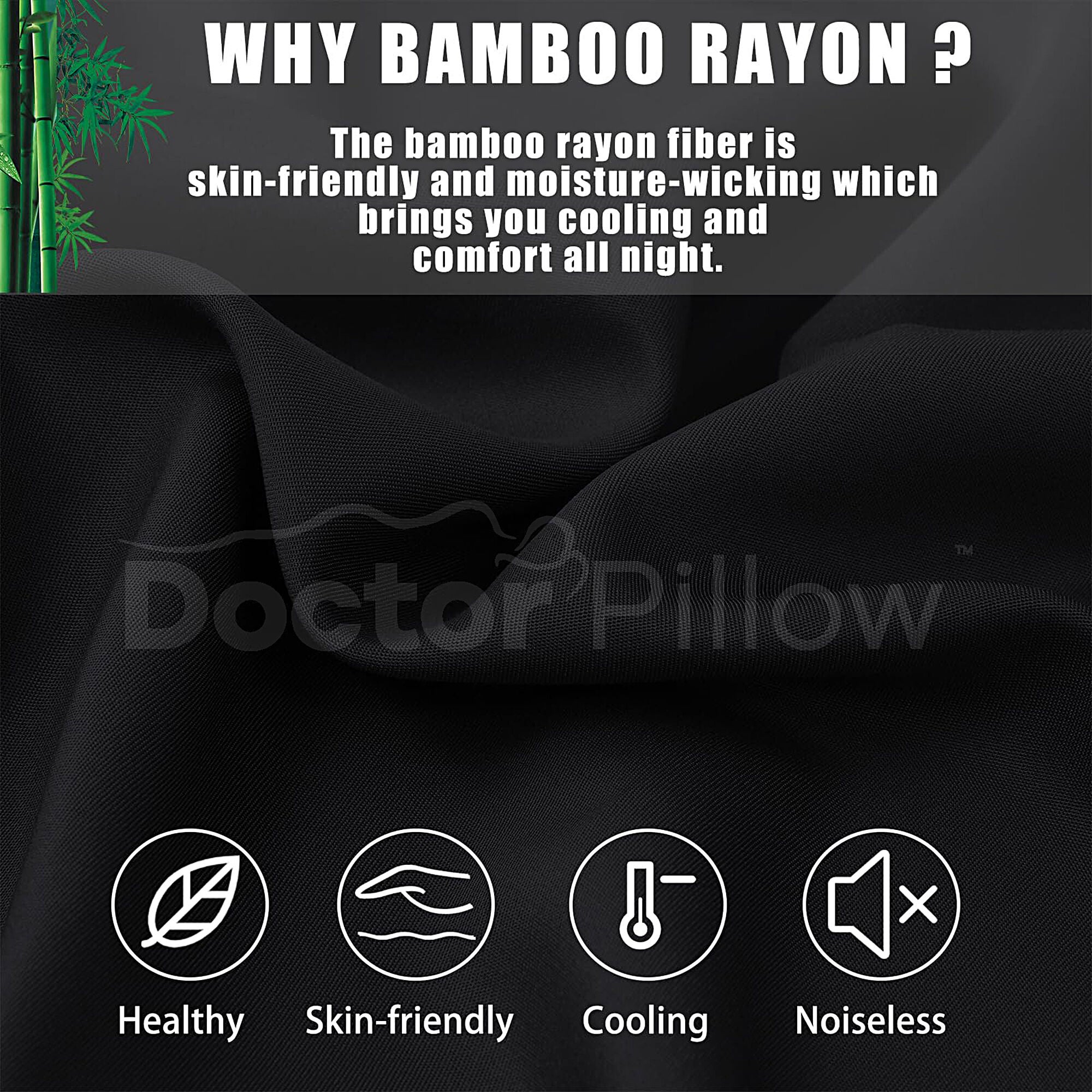 Royal Black Pillow Cases Queen Size 2 Pack, Bamboo Rayon Cooling Pillowcases with Envelope Closure, , 20x30 inches,Color Black, BLACK, alternate image number 2