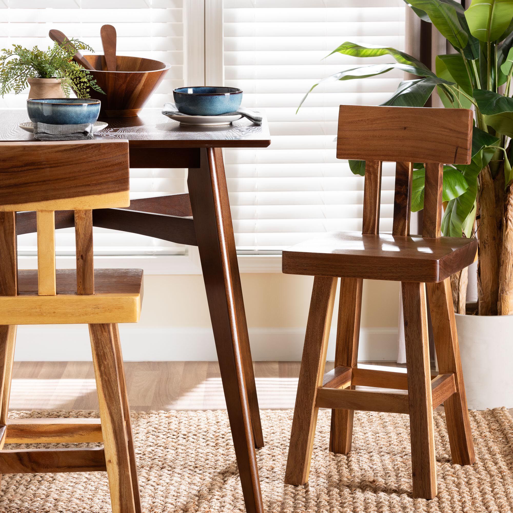 Luli Suar Wood Counter Stool - Handcrafted Solid Wood Stool with Backrest, BROWN, hi-res image number 0