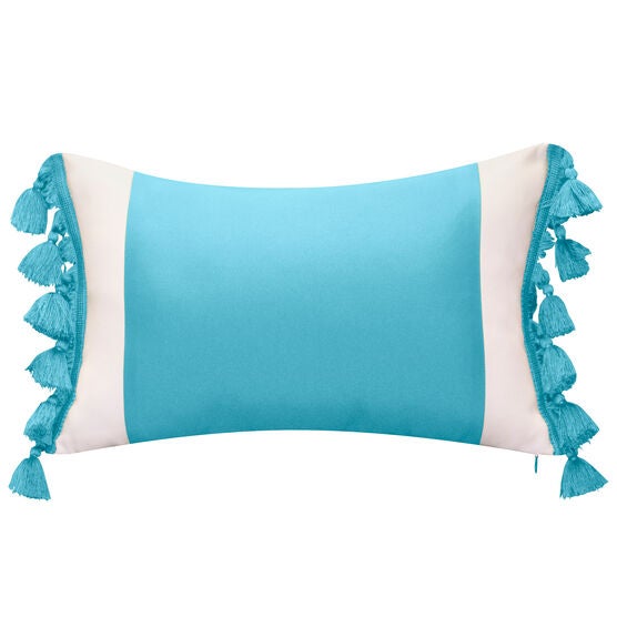Indoor & Outdoor Colorblock Tassel Fringe Lumbar Decorative Pillow, AQUA, hi-res image number null