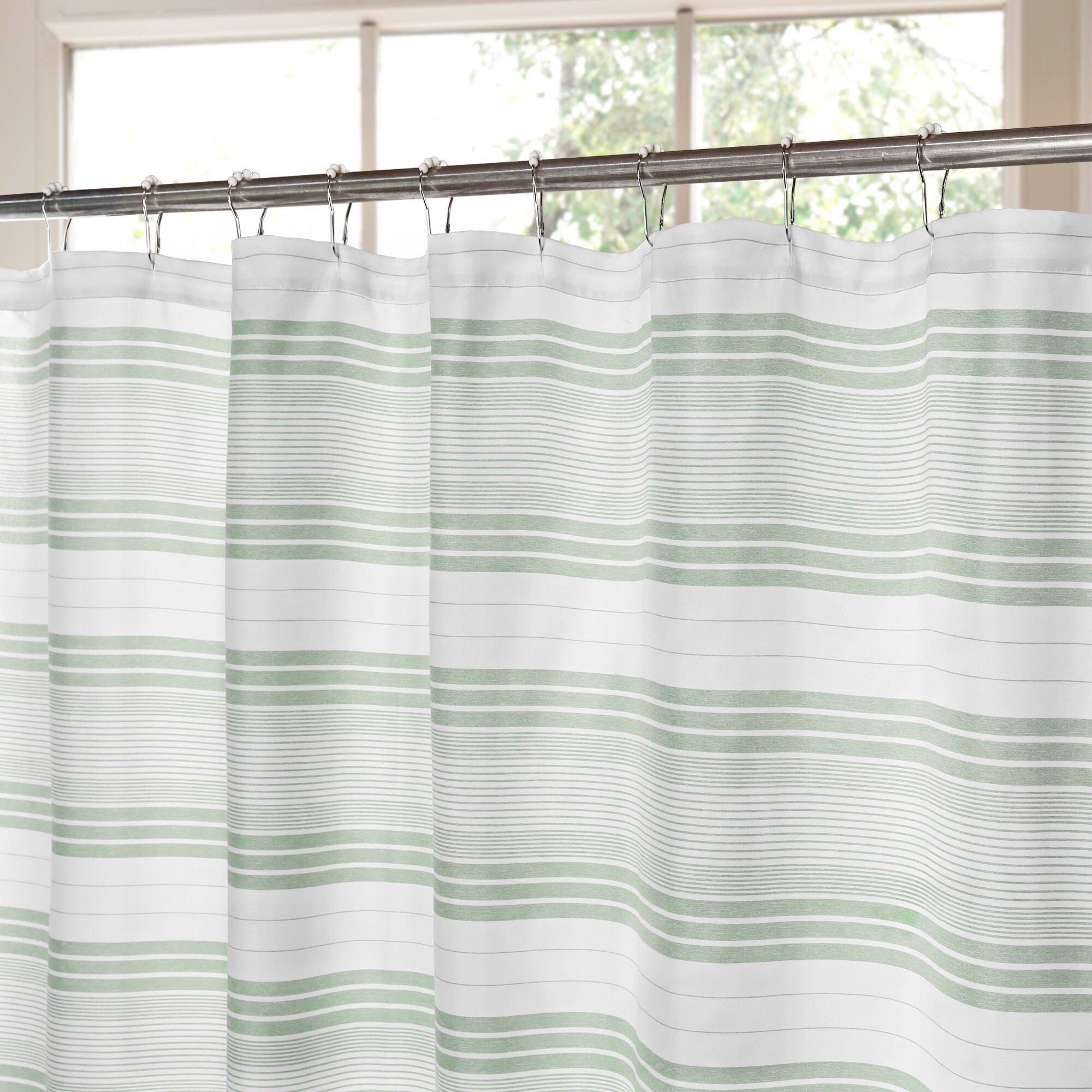 Horizontal Beach Stripe Water Repellent Shower Curtain, SAGE, alternate image number 1