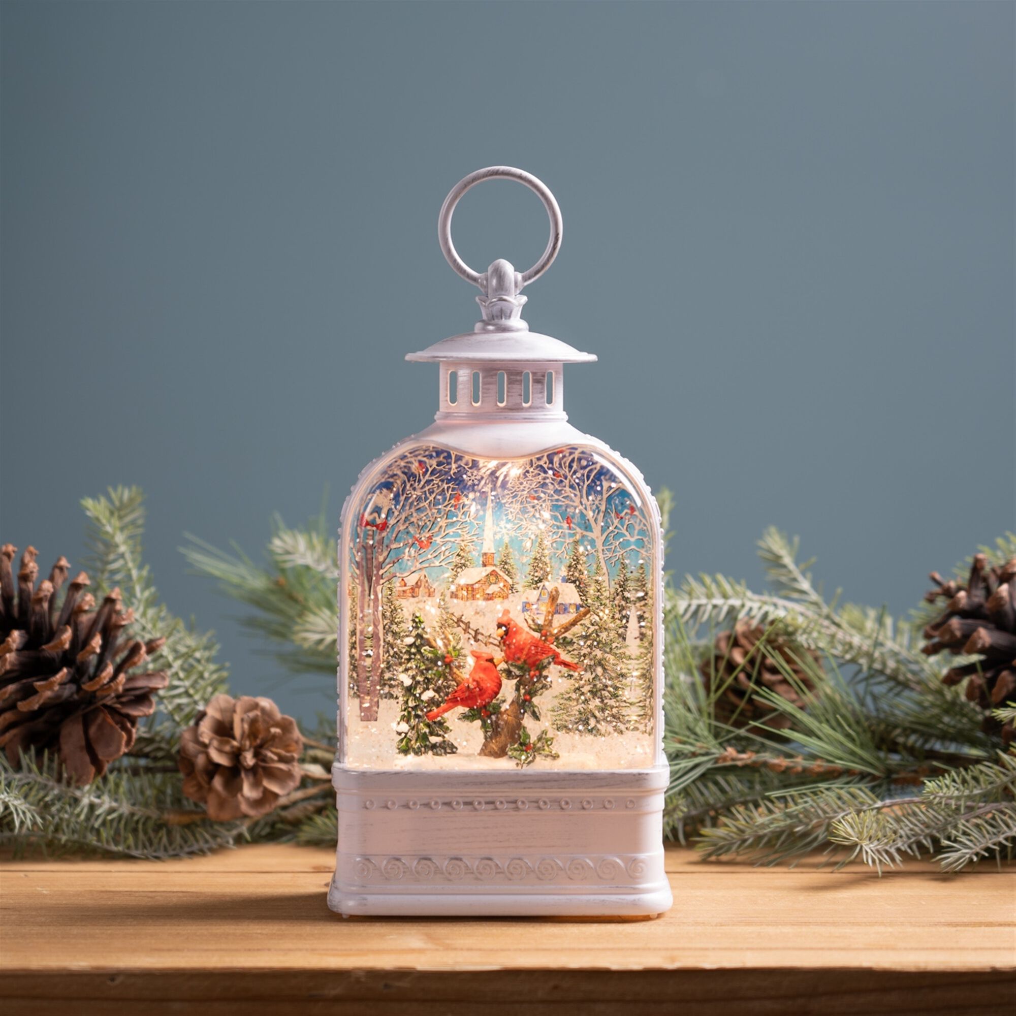 LED Snow Globe Lantern with Cardinal Forest Scene 10.5 inchesH, WHITE RED GREEN, alternate image number 2