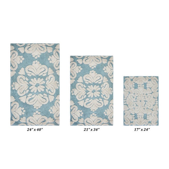 Medallion Collection 100% Cotton 3 Piece (17 inches X 24 inches | 21 inches X 34 inches | 24 inches X 40 inches) Bath Rug Set, BLUE NATURAL, hi-res image number null