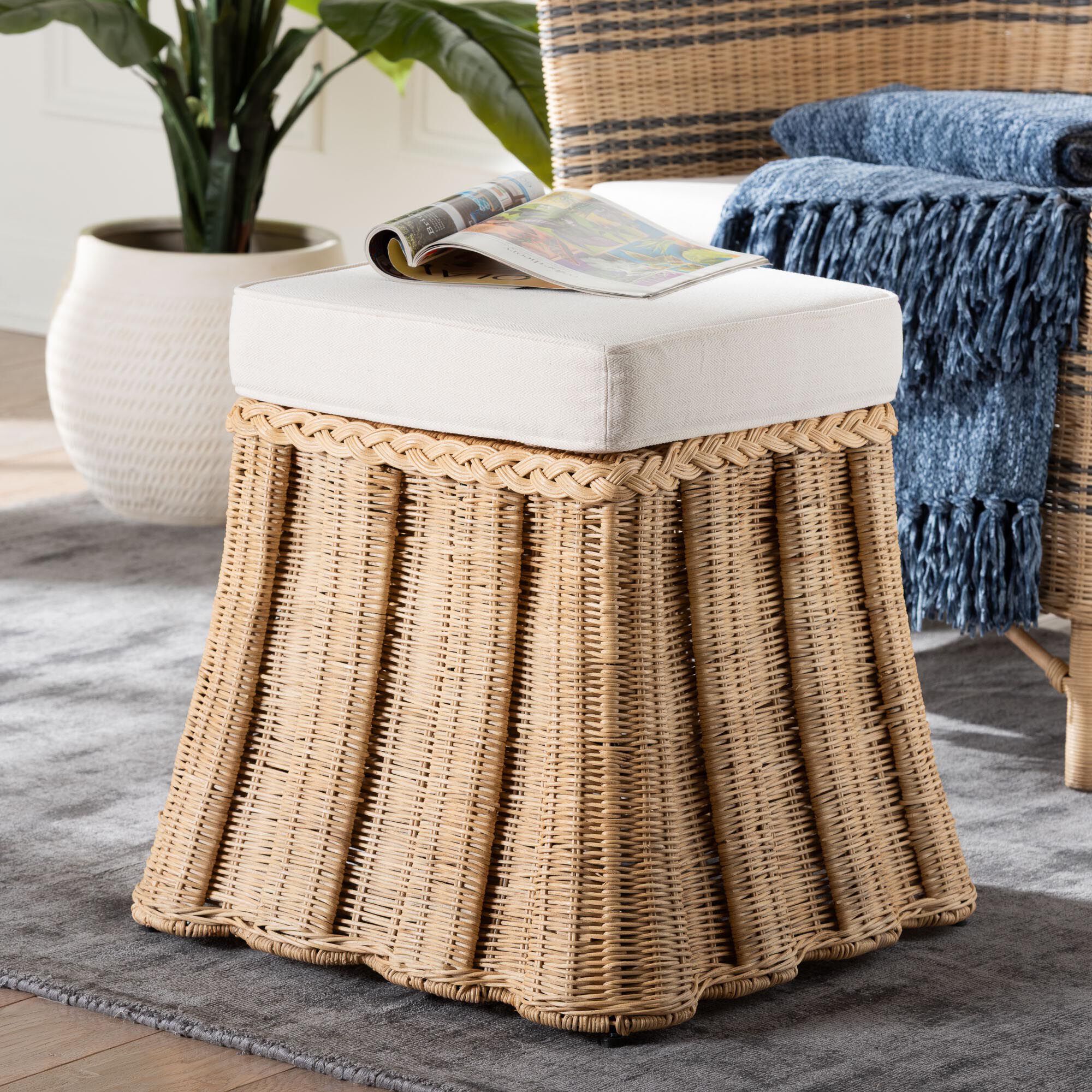Rotem Natural Rattan Ottoman with Cushion, BROWN, hi-res image number 0