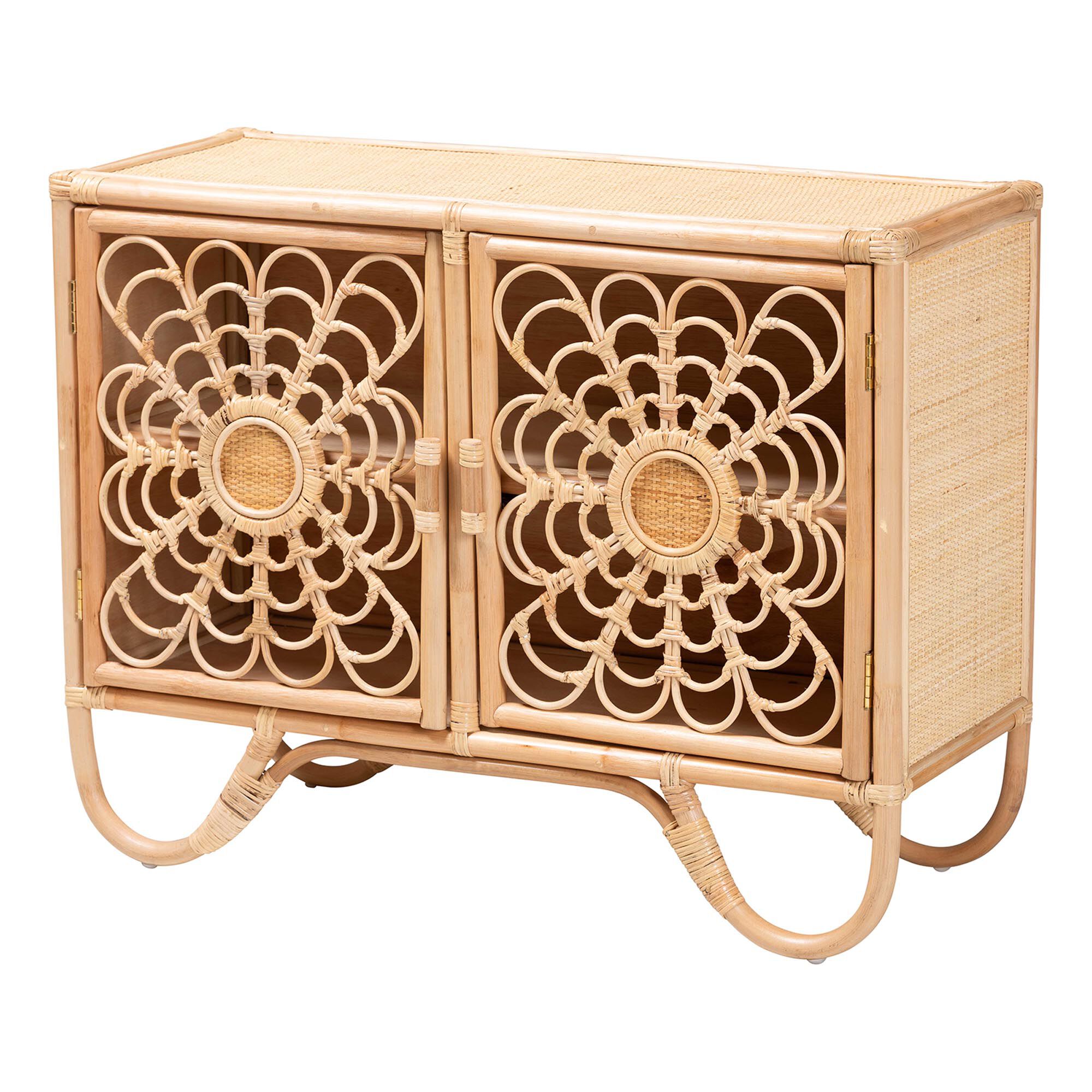 Acelin Natural Rattan Storage Cabinet - Handcrafted Boho Accent Console with Floral Woven Doors, NATURAL, alternate image number 1