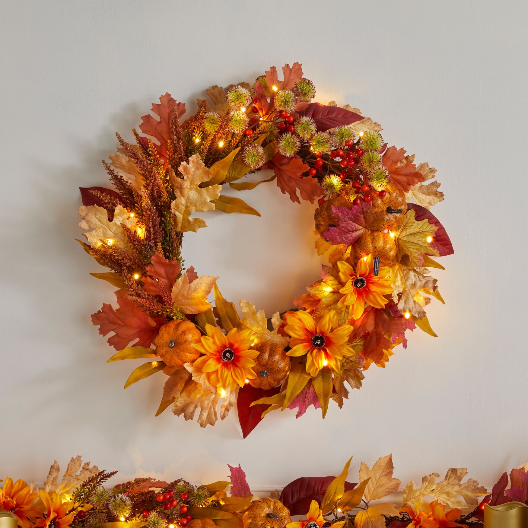 24 inches Pre-Lit Harvest Daisy Wreath, , on-hover image number 1