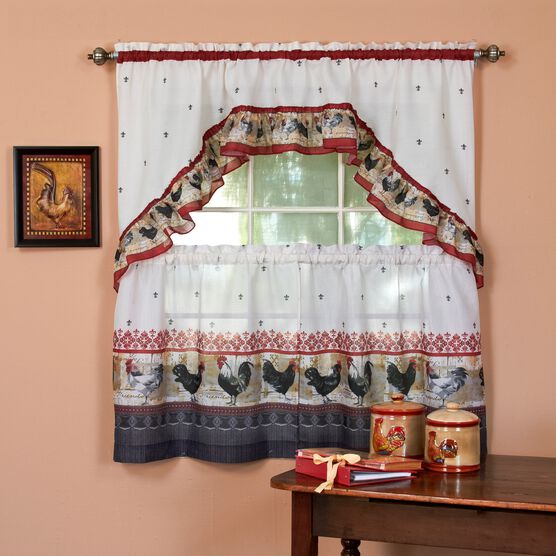 Rooster Printed Tier and Swag Window Curtain Set, BURGUNDY, hi-res image number null