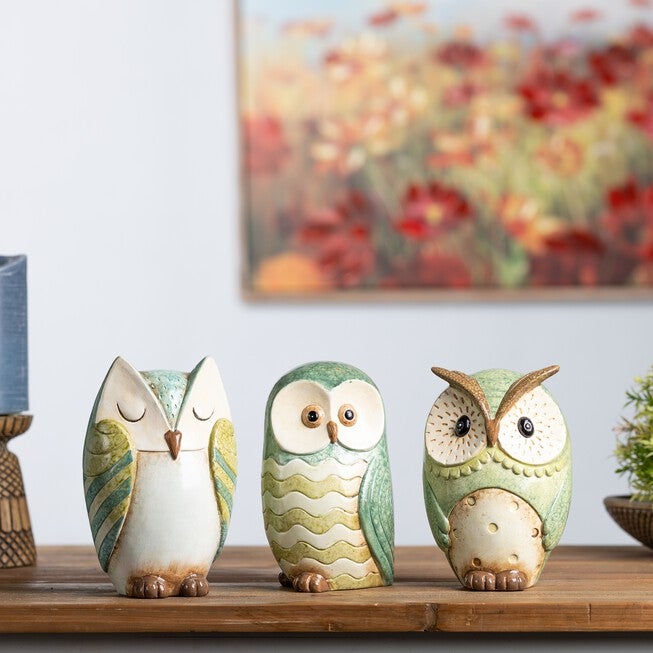 Terra Cotta Owl Figurine (Set of 3), BLUE/GREEN/WHITE, alternate image number null