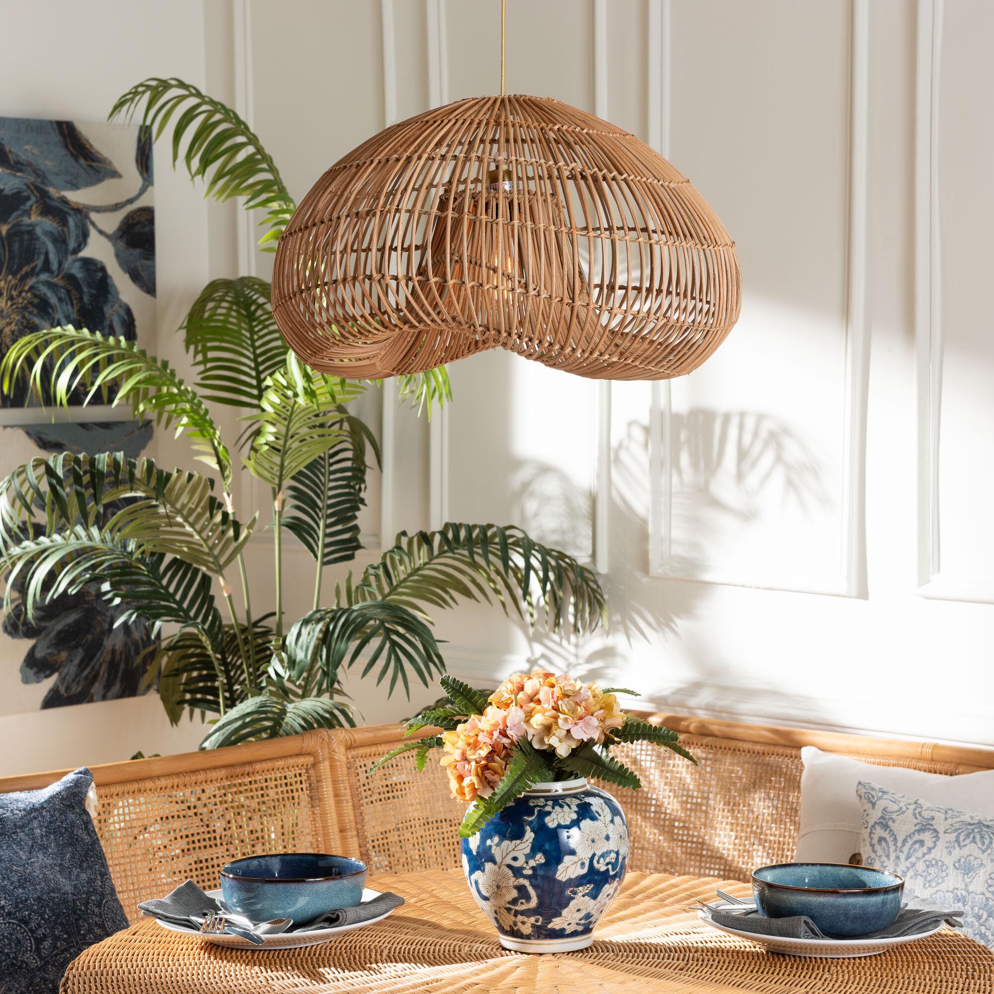 Hansa Natural Rattan Pendant Lampshade - Handcrafted Dome-Shape Ceiling Light Cover, BROWN, hi-res image number 0
