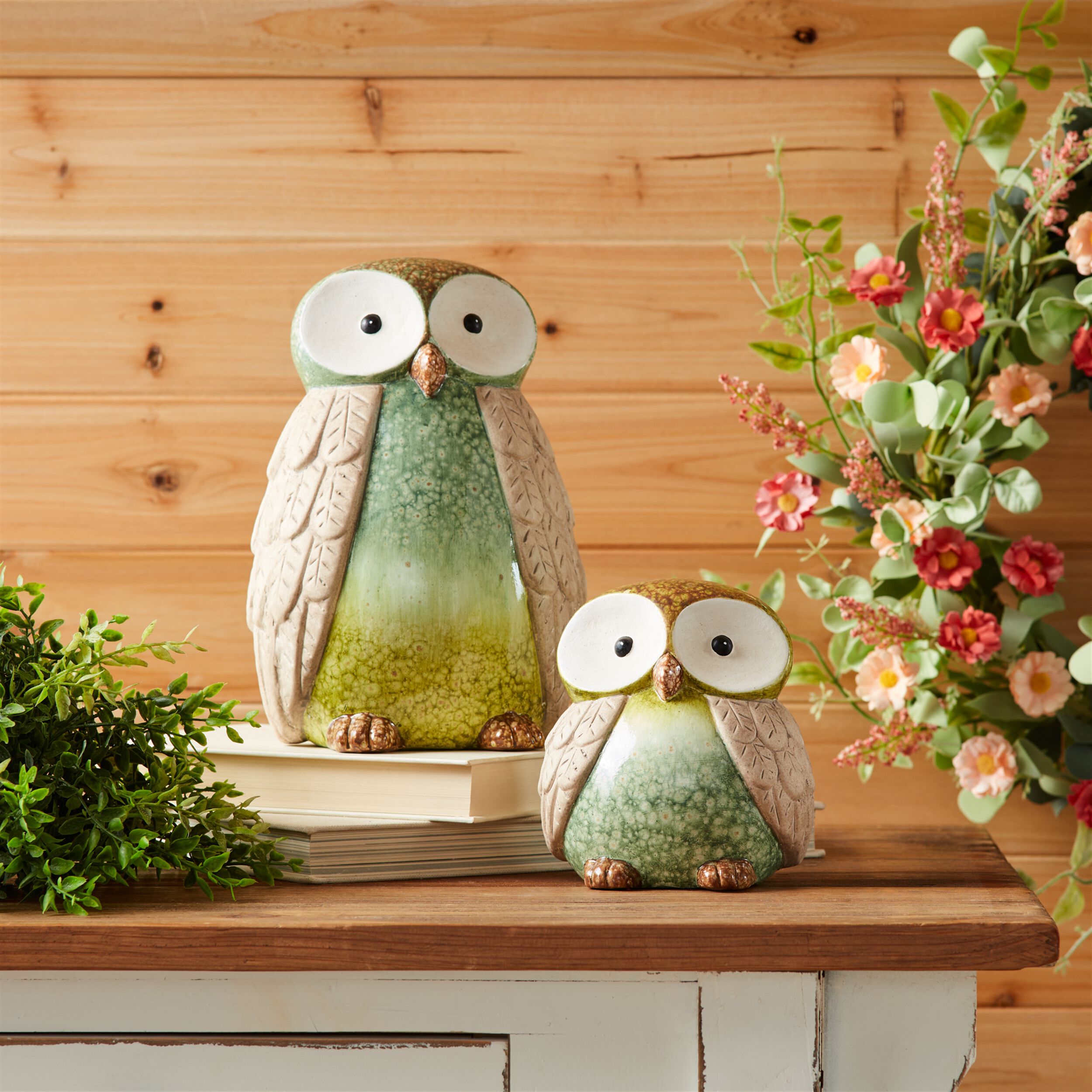 Terra Cotta Owl Decor Set of 2, GREEN BLUE, alternate image number 4
