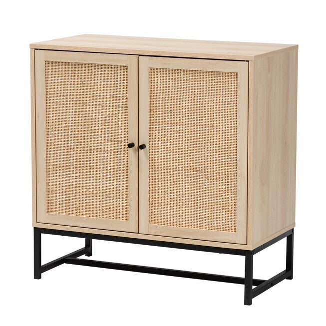 Caterina Mid-Century Modern Transitional Natural Brown Finished Wood And Natural Rattan 2-Door Storage Cabinet, NATURAL BROWN BLACK, hi-res image number 0