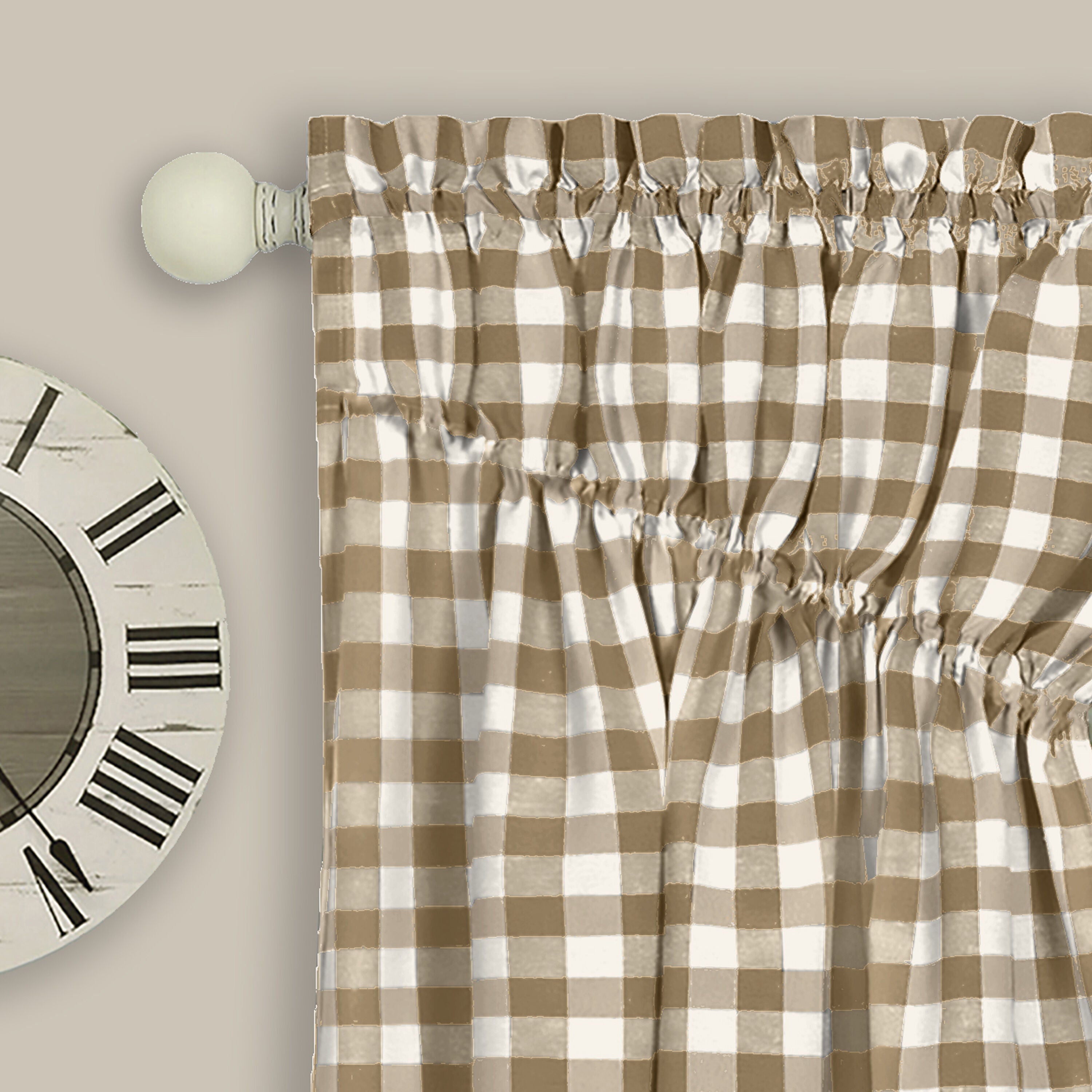 Buffalo Check Gathered Swag Window Curtain Pair, TAUPE, alternate image number 2