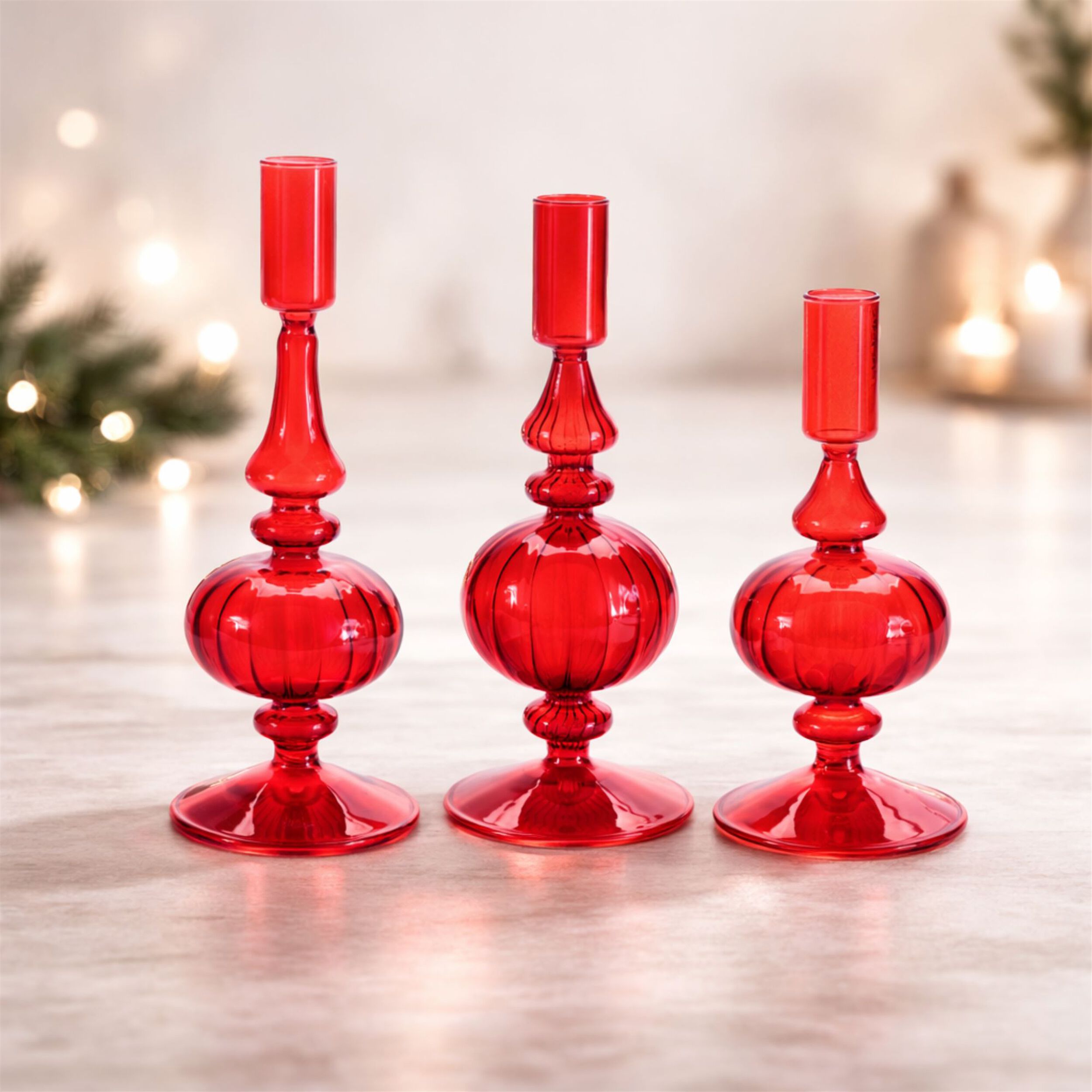Ribbed Glass Taper Candle Holder (Set of 3), RED, alternate image number 1