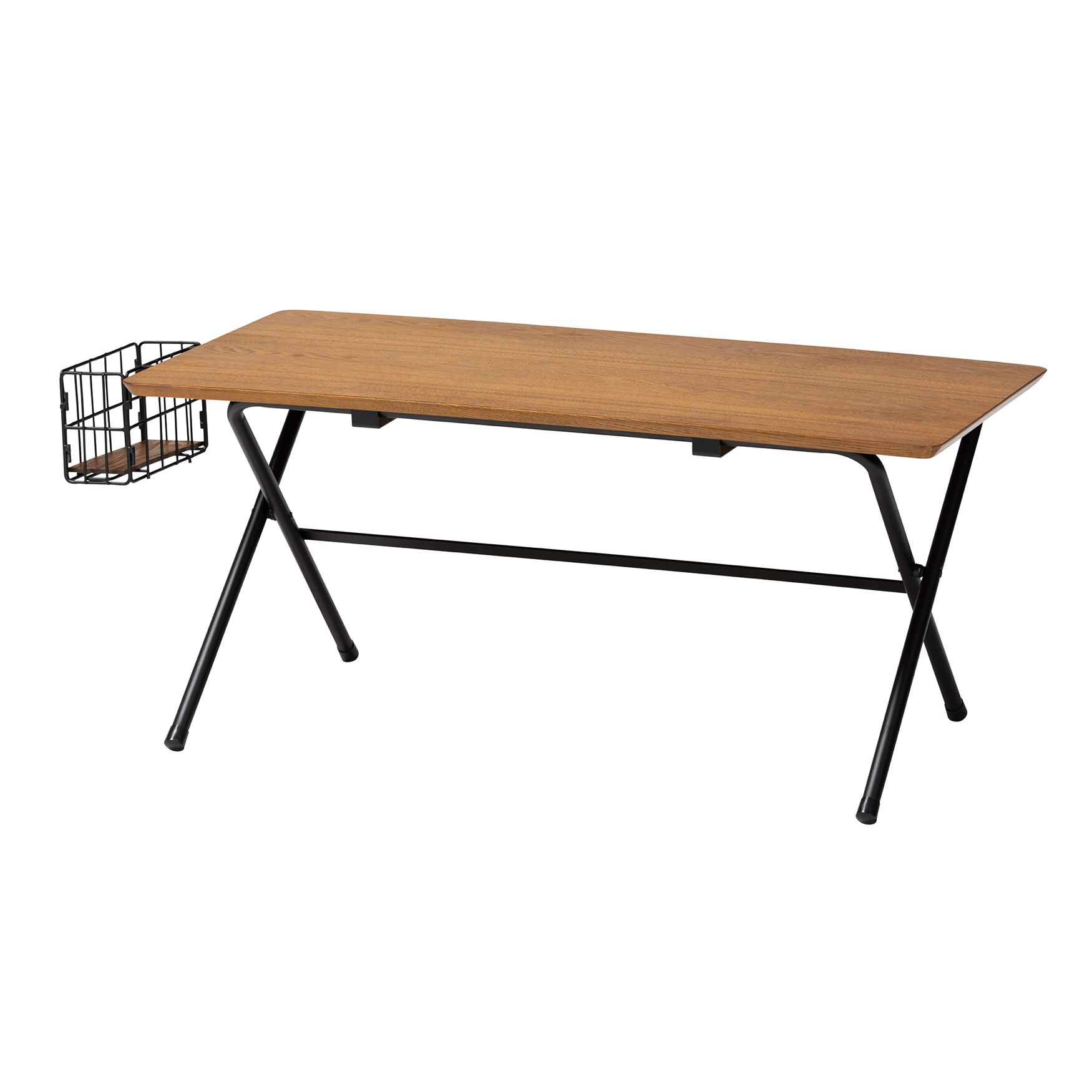 Coffee table with natural wood top and black angled legs
