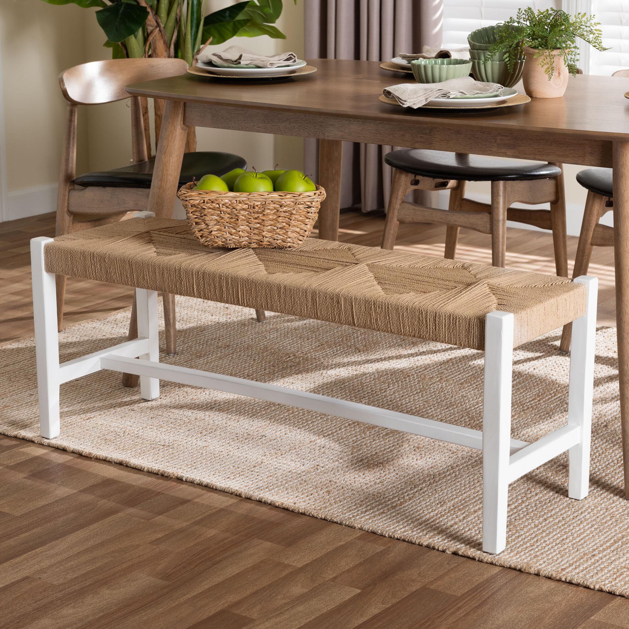 Prita Woven Paper Loom Bench with Mahogany Wood Frame, WHITE, alternate image number 6