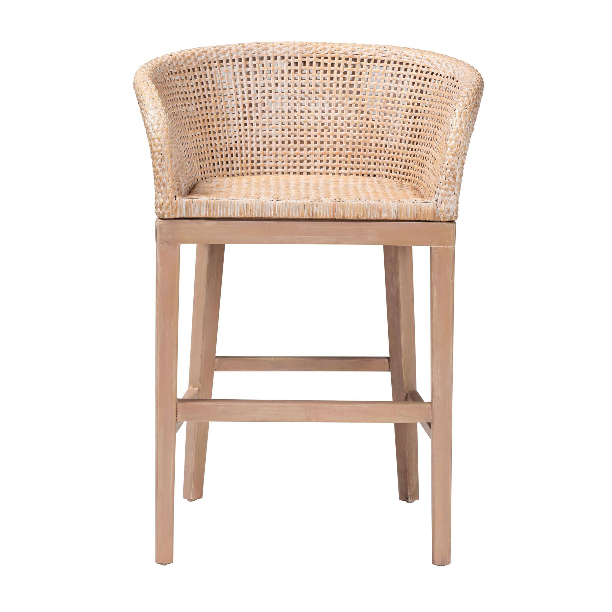 Papua Modern Bohemian Antique White Washed Rattan and Mahogany Wood Counter Stool, BROWN, alternate image number 3