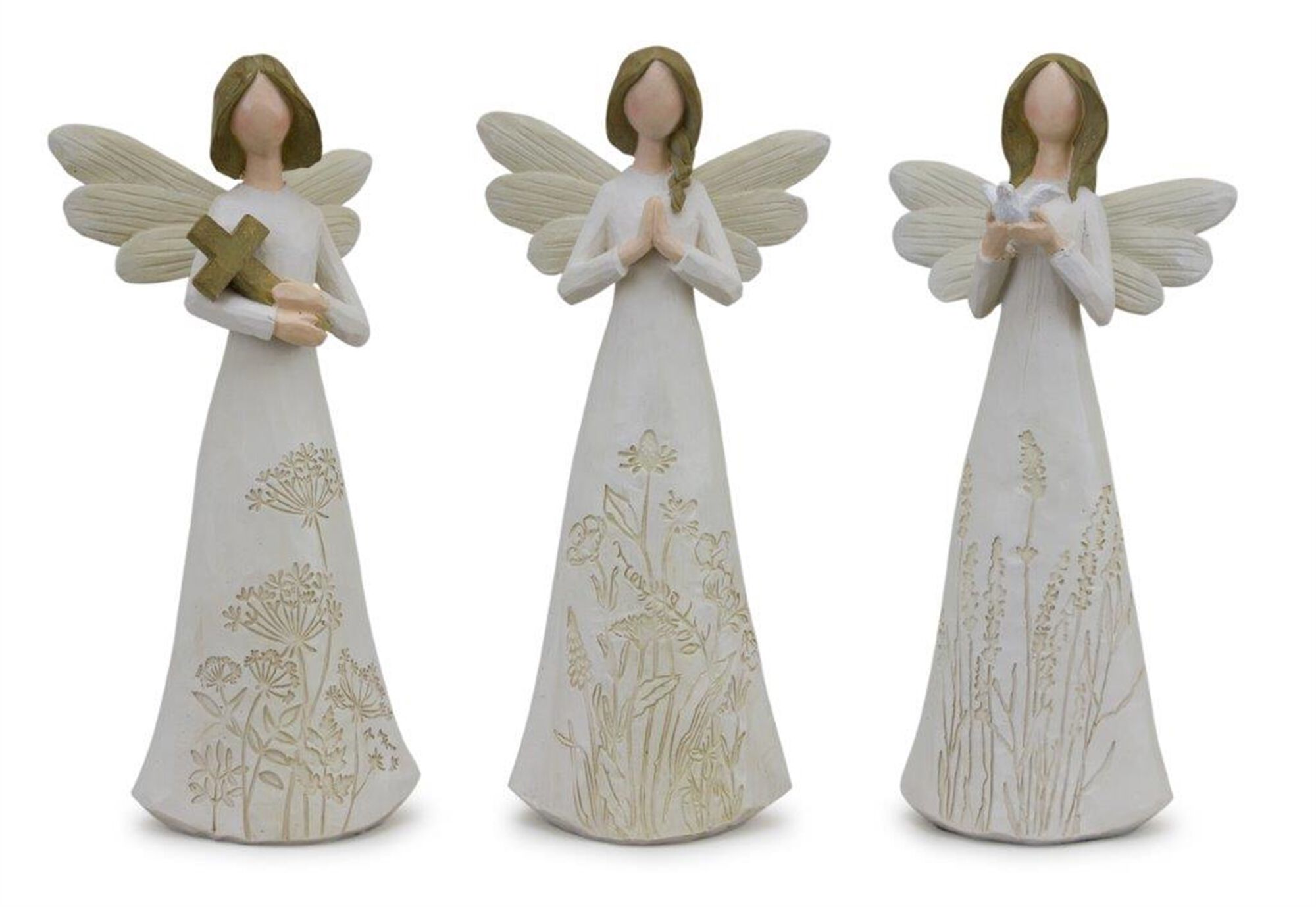 Beige Floral Etched Angel Figurine (Set of 3), WHITE BROWN BEIGE, hi-res image number 0