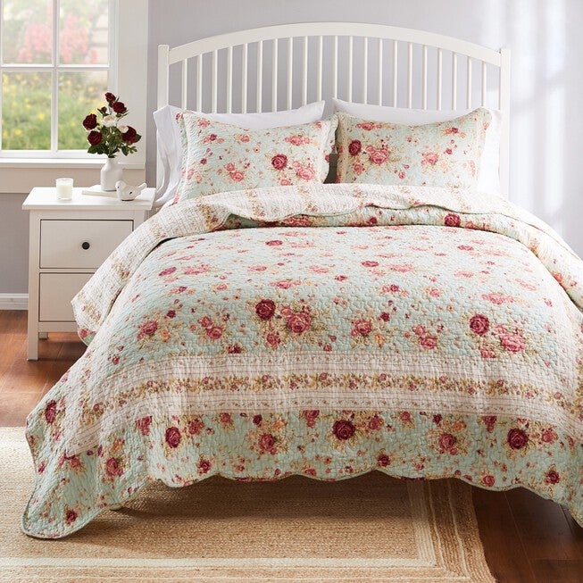 Antique Rose Quilt And Pillow Sham Set, BLUE, hi-res image number null