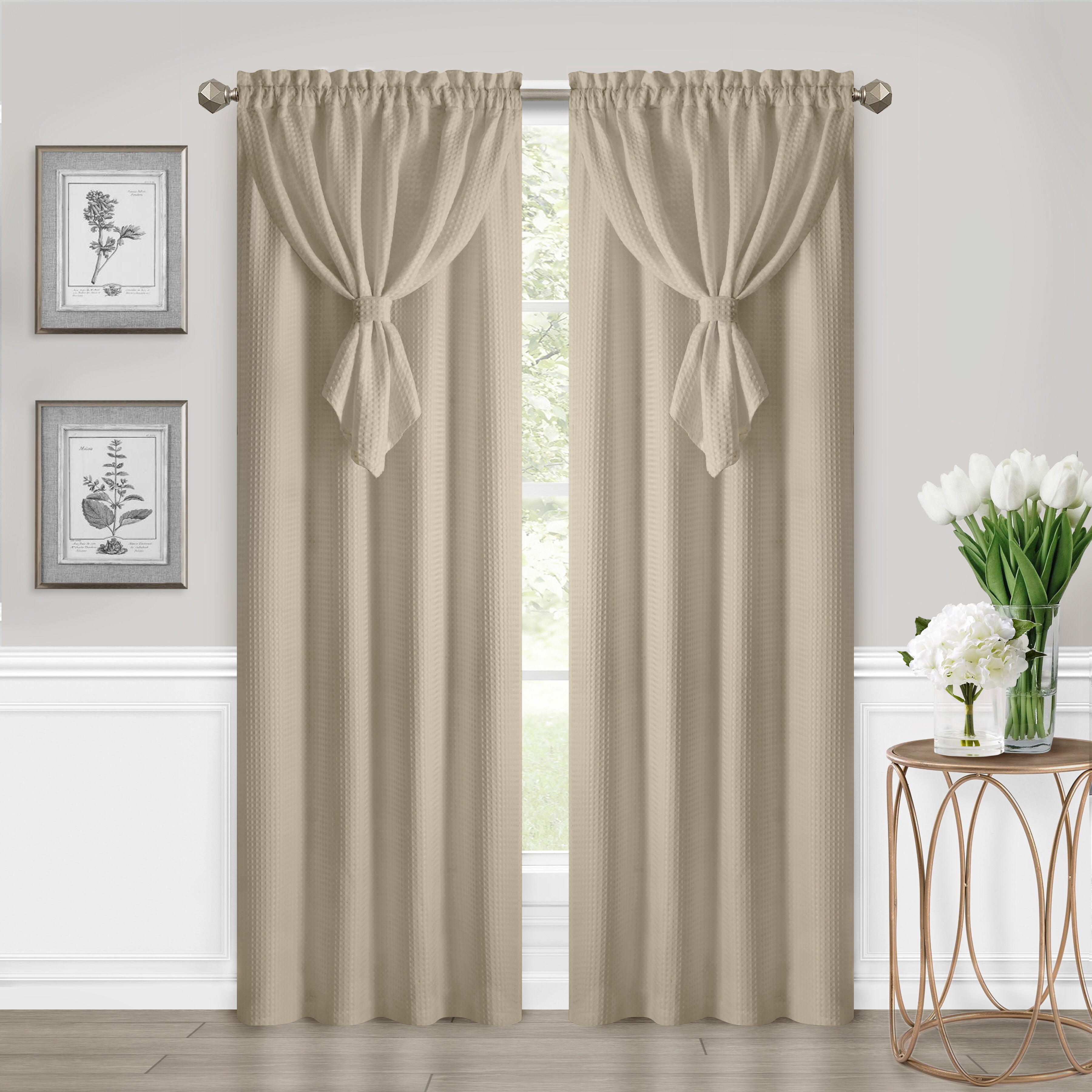 Allegra Waffle Texture Window Curtain Panel with Attached Valance, TAUPE, hi-res image number 0