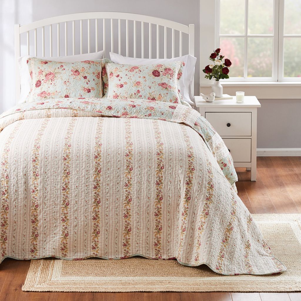 Antique Rose 100% Cotton Bedspread Set, BLUE, on-hover image number 1