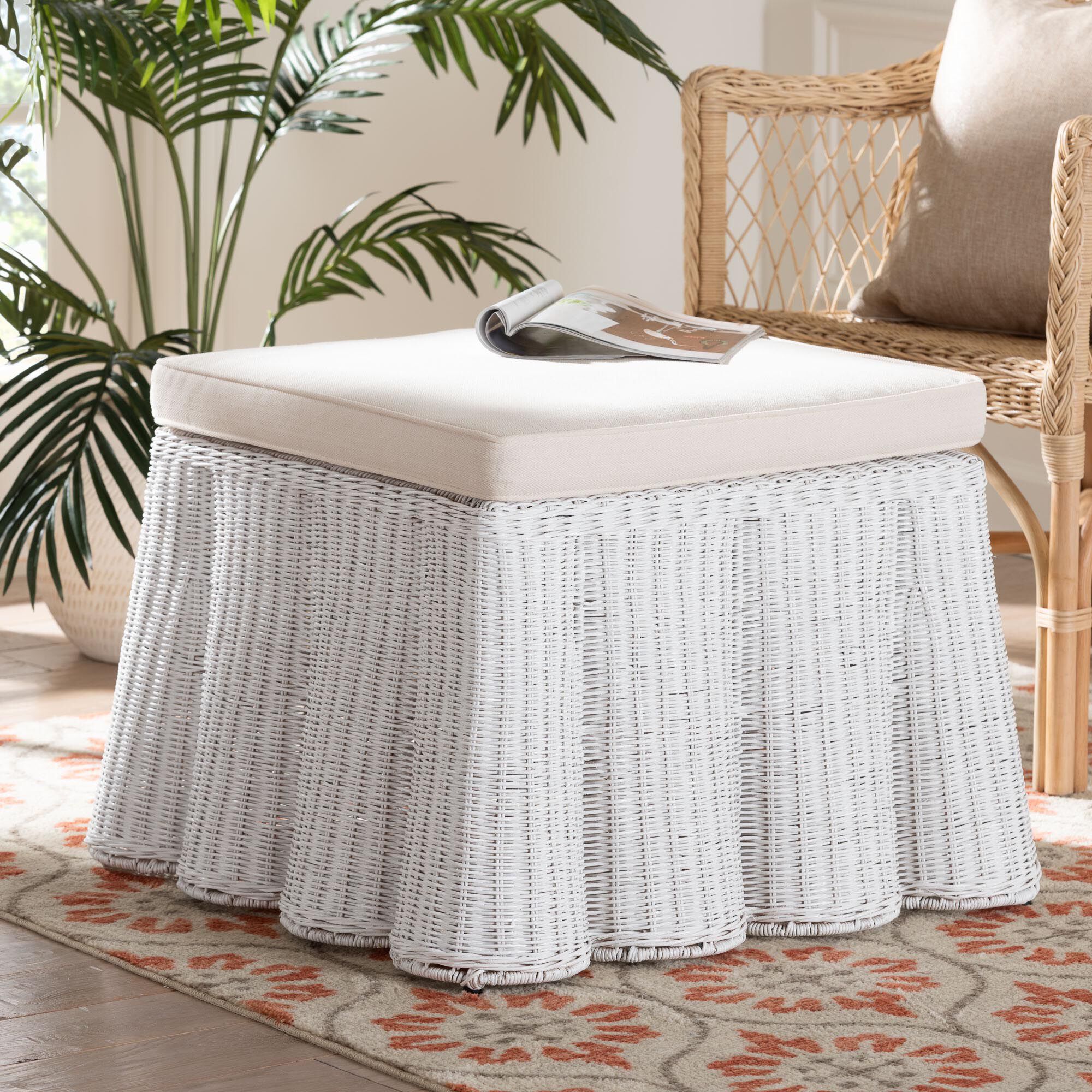 Palm Bohemian Scallop Rattan Ottoman, WHITE, alternate image number 5