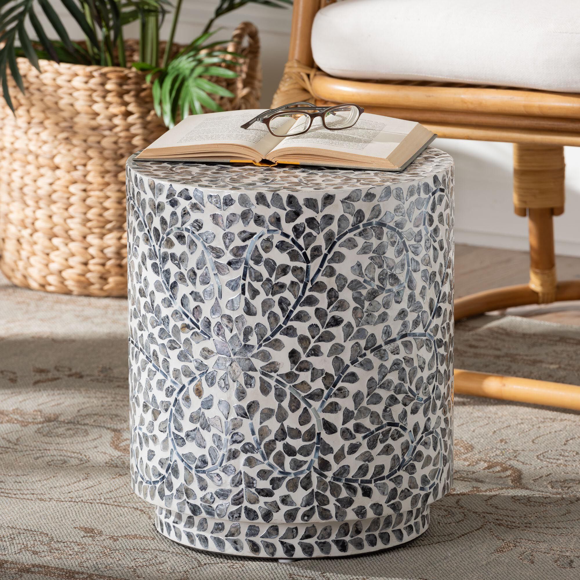 Marilla Coastal Black and White Mother of Pearl Capiz Shell Ottoman Footstool, MOSAIC, hi-res image number 0