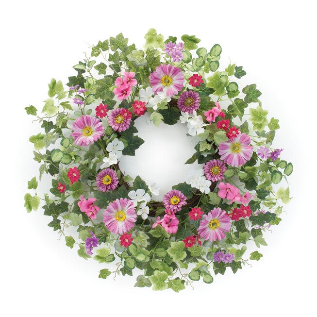 Mixed Floral Wreath 24.5 inchesD Polyester, PINK, hi-res image number 0