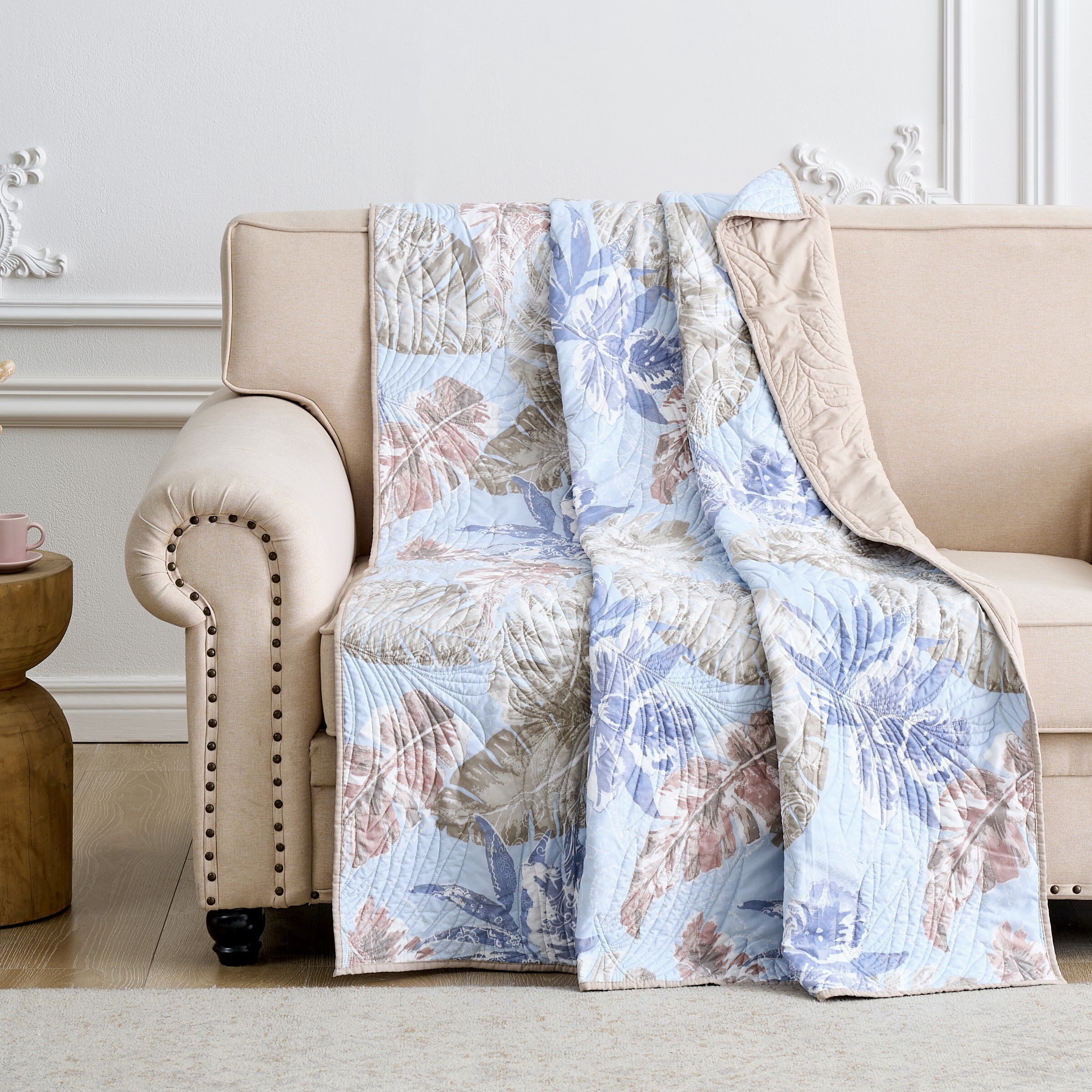 Tropics Mist Palm Leaf Quilted Throw Blanket, Mist, MIST, hi-res image number 0