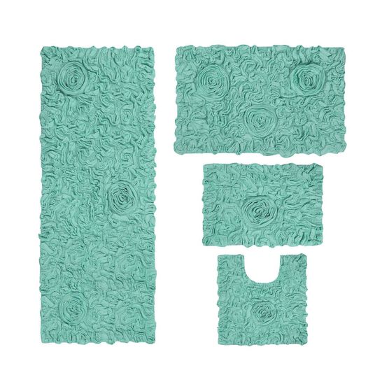 Bell Flower 4 Piece Set Bath Rug Collection, TURQUOISE, hi-res image number null
