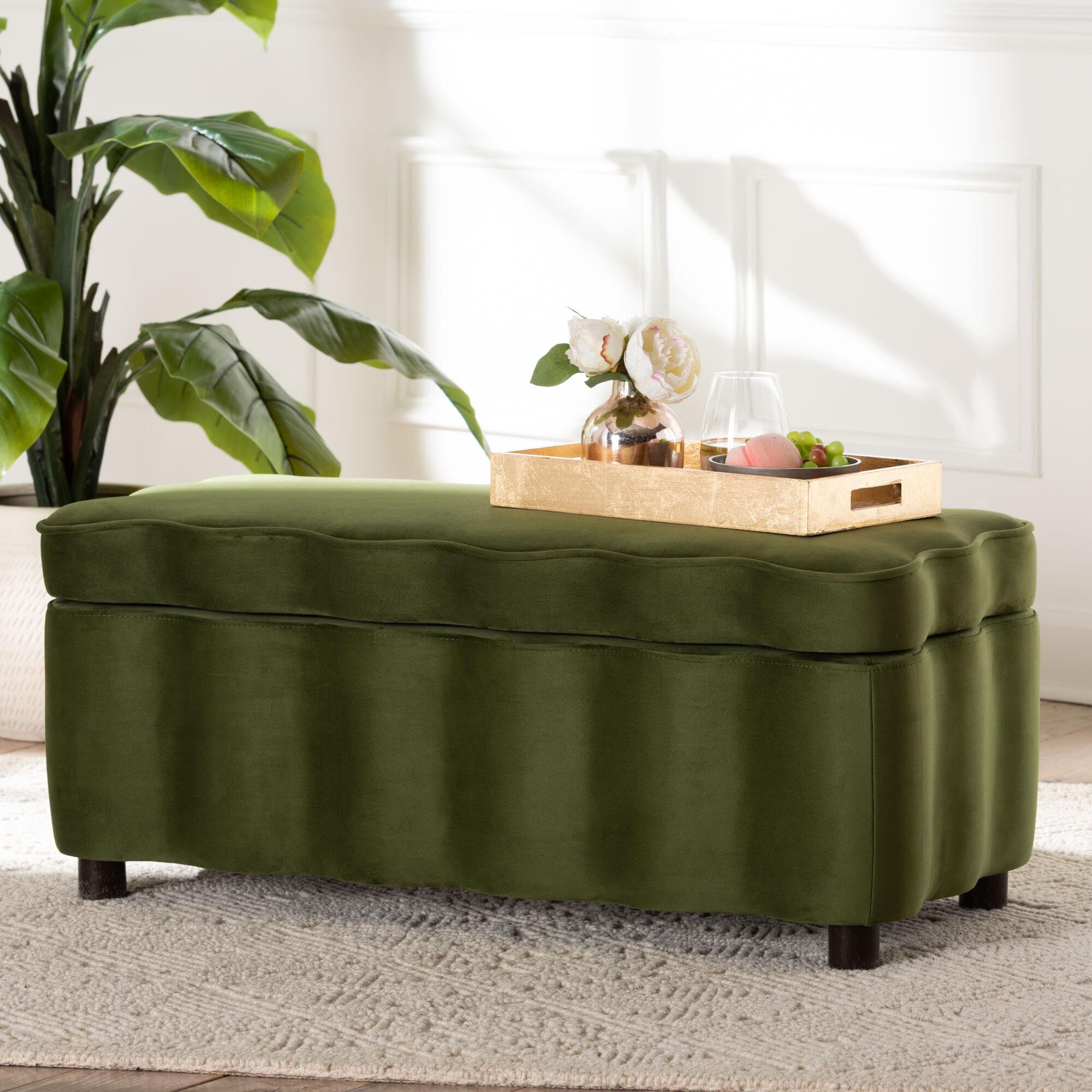 Paulina Velvet Storage Bench, GREEN, hi-res image number 0