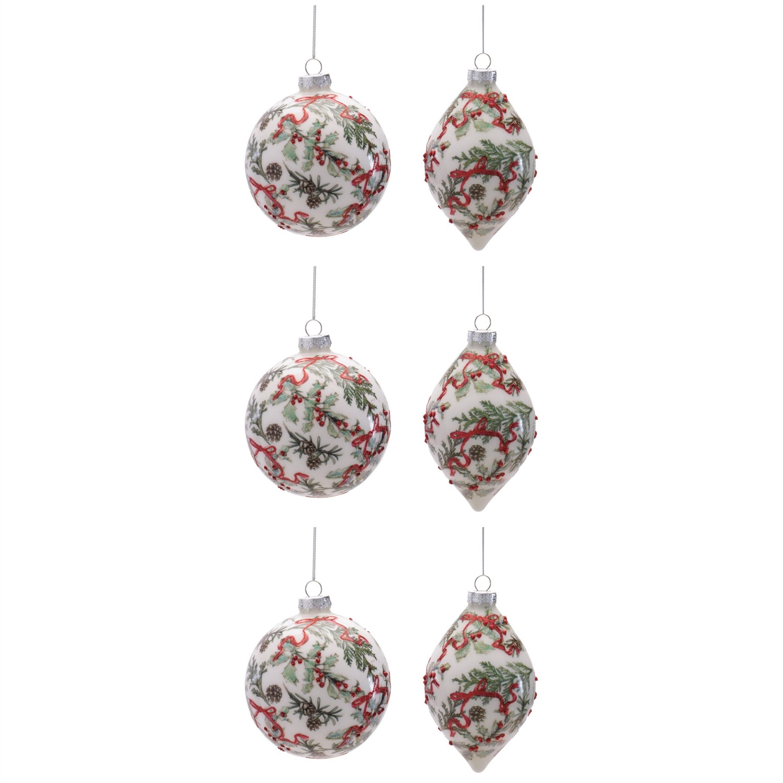Holiday Botanical Glass Ornament (Set of 6), WHITE GREEN RED, alternate image number 4