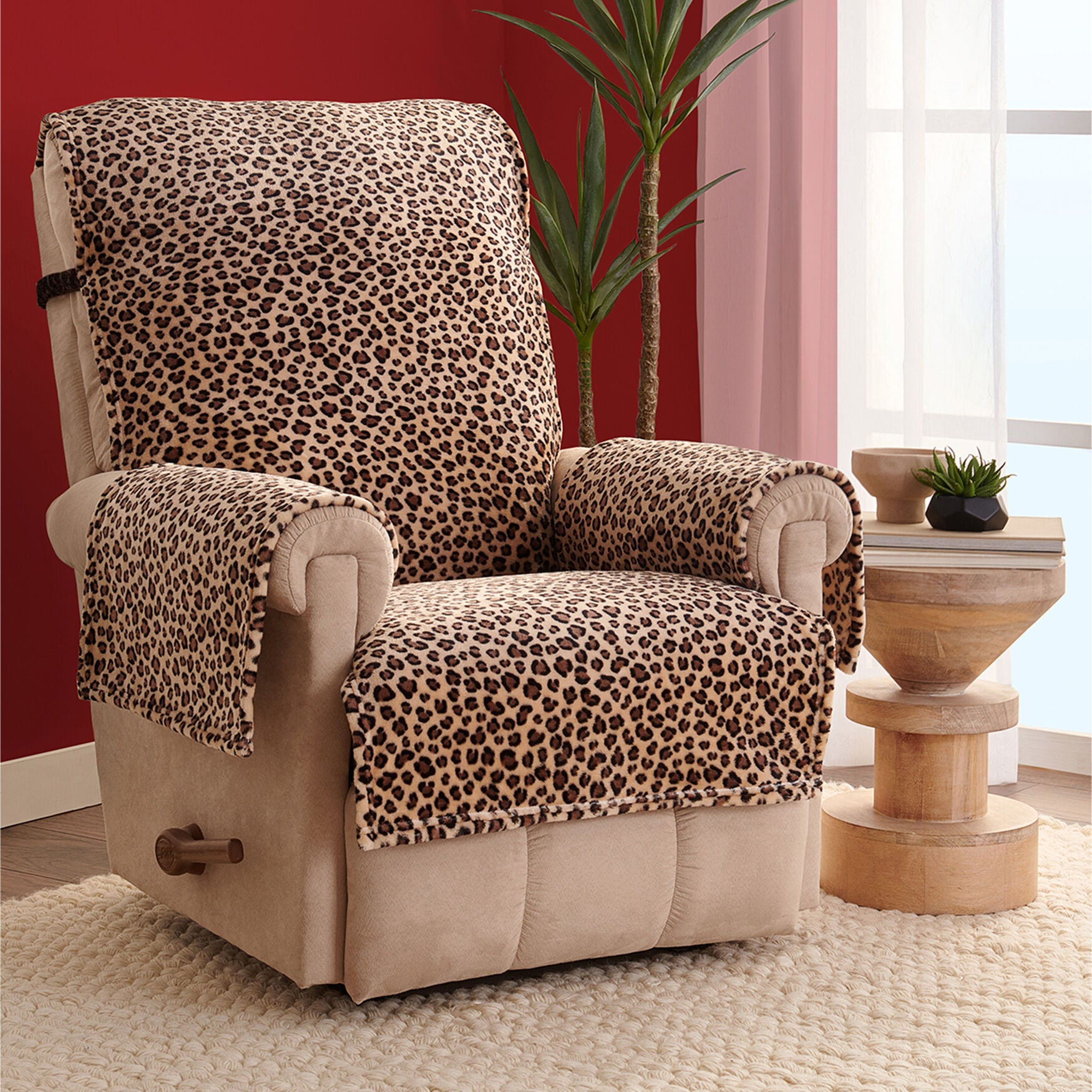 Leopard Plush Recliner Furniture Cover, BROWN, hi-res image number 0