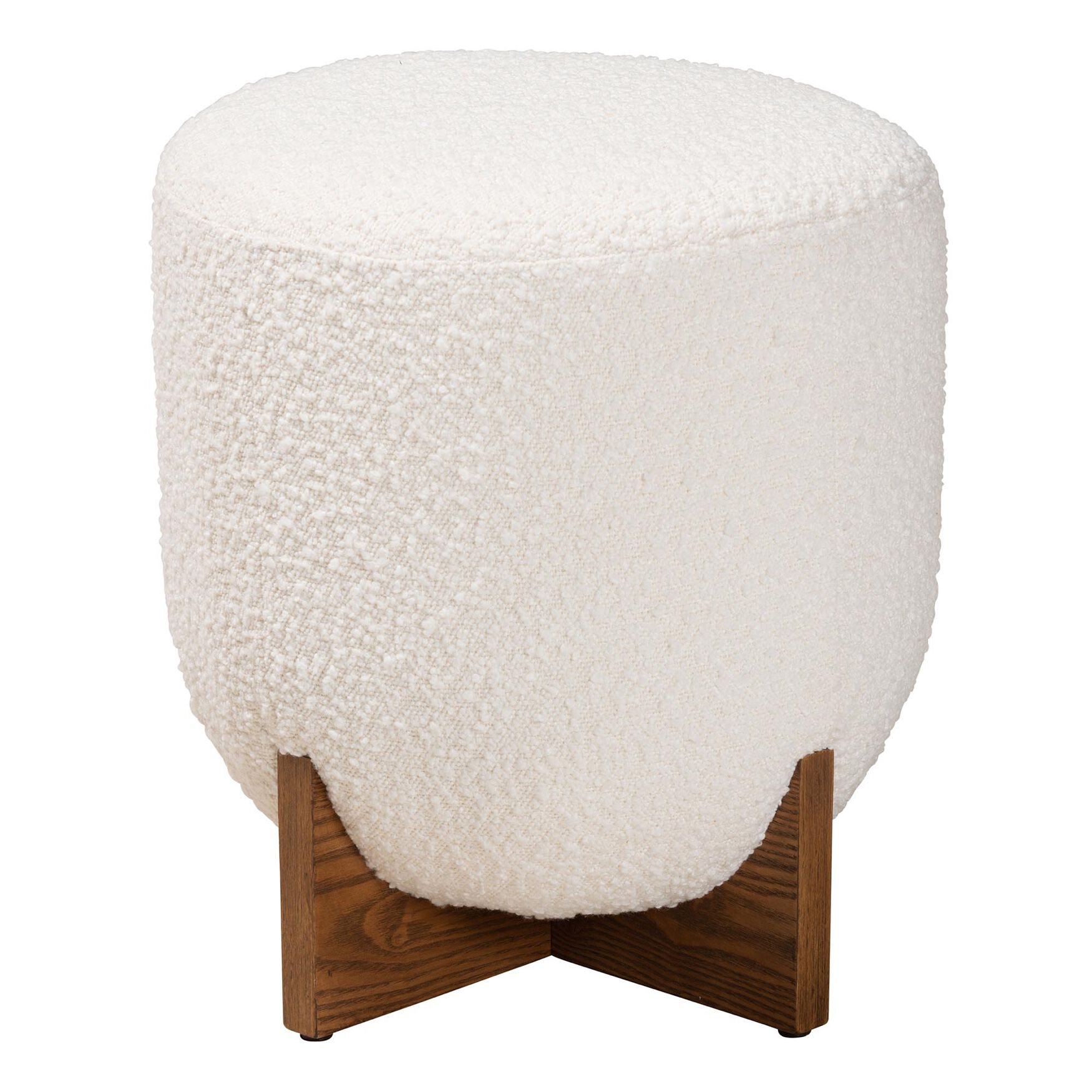 Fisk Japandi Cream Boucle Fabric And Walnut Brown Finished Wood Ottoman Footstool, , on-hover image number 1